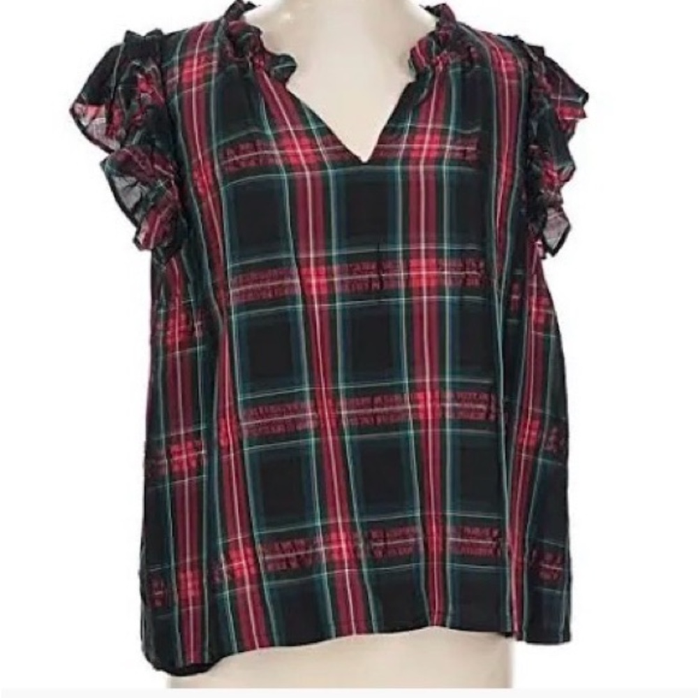 Vineyard Vines Holiday Tartan Plaid Ruffle Sleeve Women's Top M